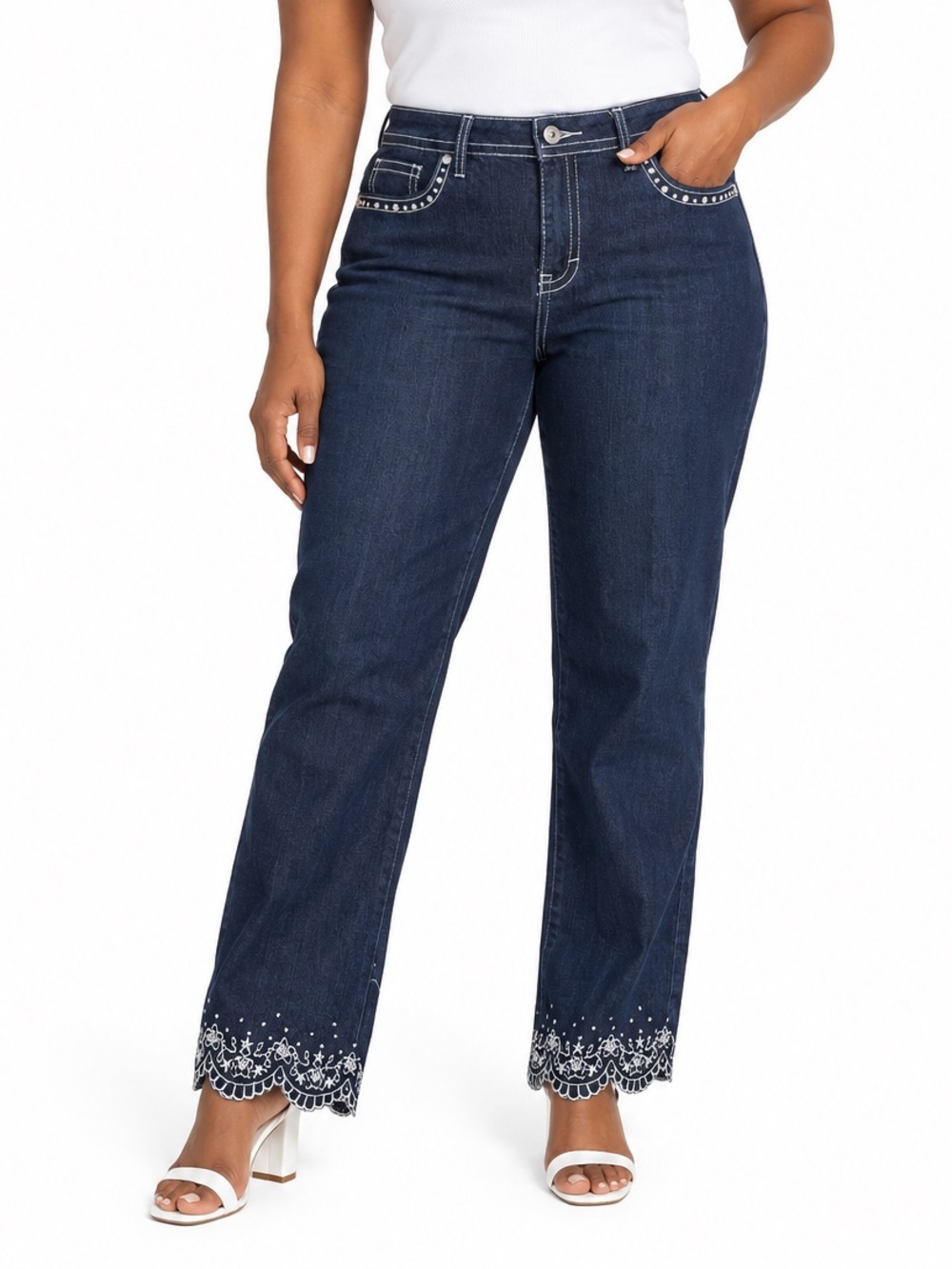 Apollo Petites Jeans Size 14P Dark Wash White Embroidered Scallop Hem